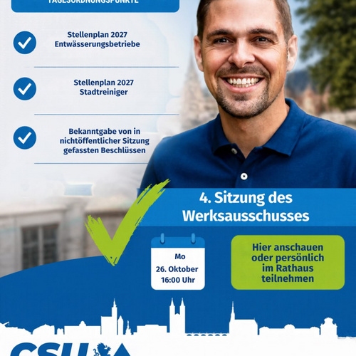 📢 4. Sitzung des Werksausschusses📅 Montag, 26.10.2026 🕓 Beginn: 16:00 UhrWesentliche öffentliche...